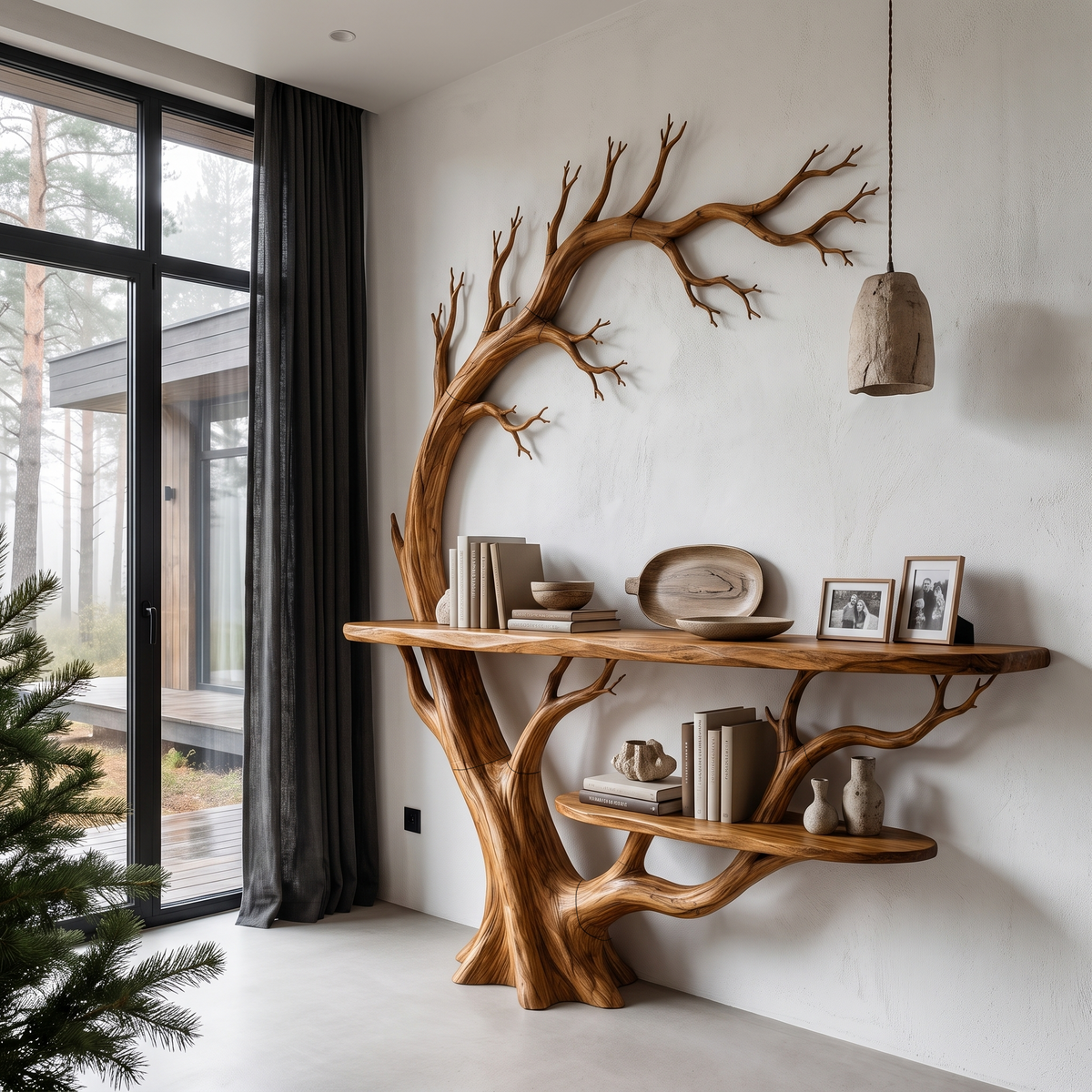 Organic Console Table With Tree Branch Shelf Design For Entryway And Living Room