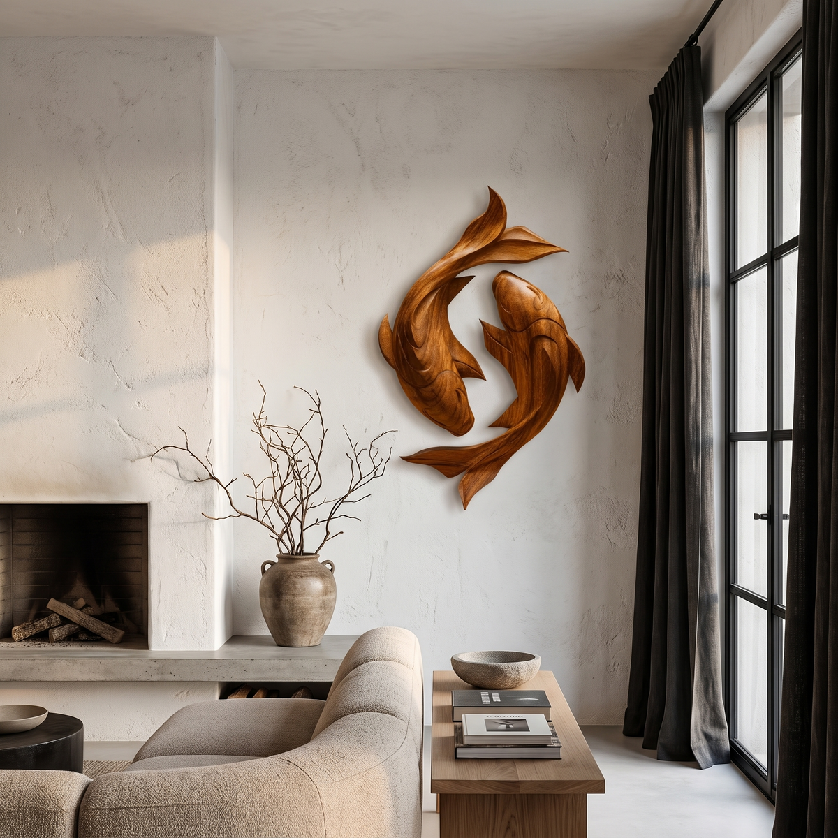 Contemporary Wood Wall Sculpture With Carved Koi Fish Design For Living Room And Office