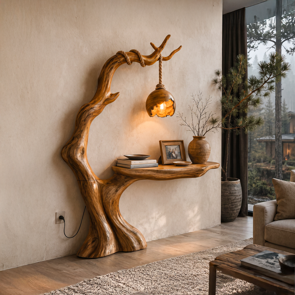 Organic Console Table With Tree Branch Floor Lamp Design For Entryway And Living Room