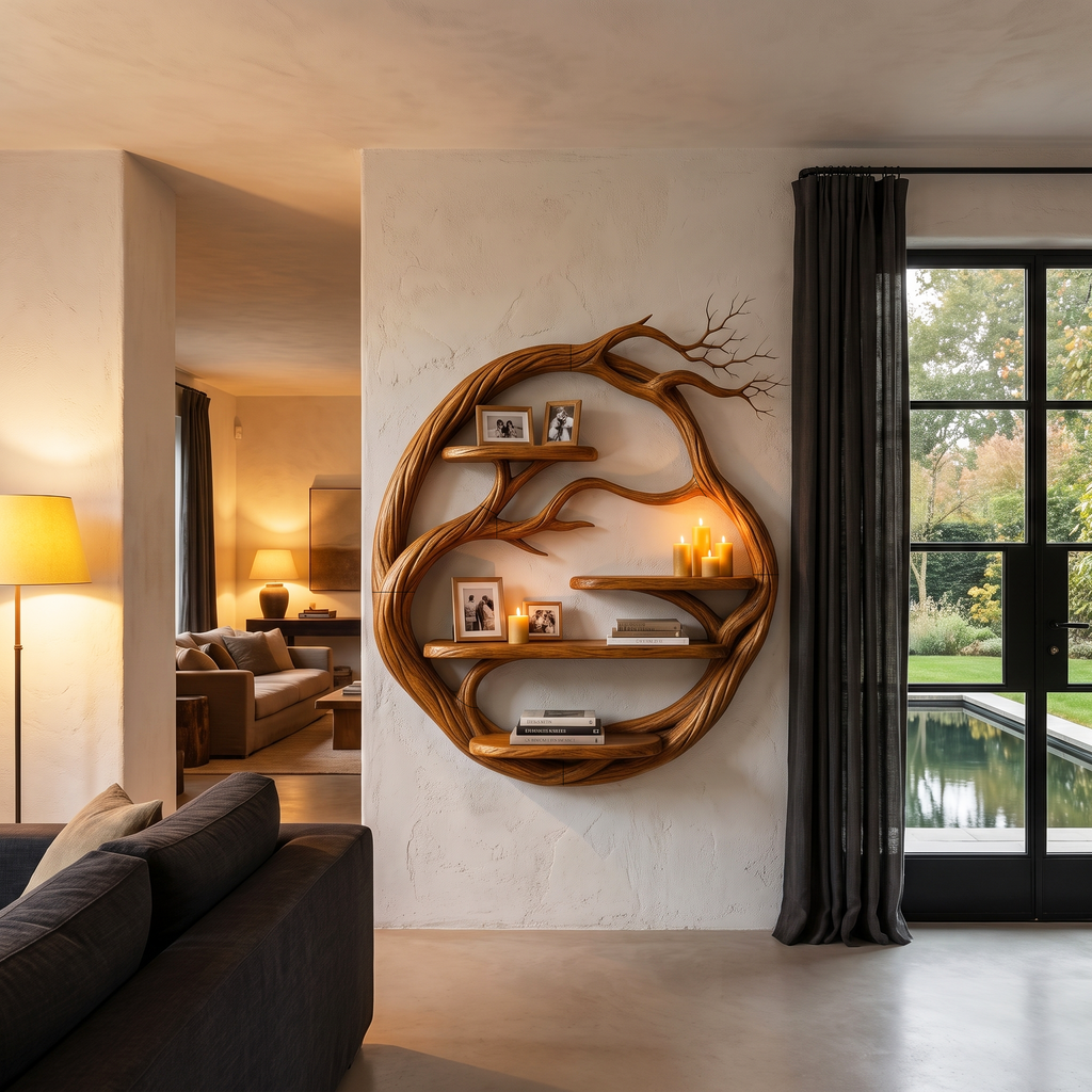 Organic Floating Shelf With Circular Tree Branch Design For Living Room And Home Office