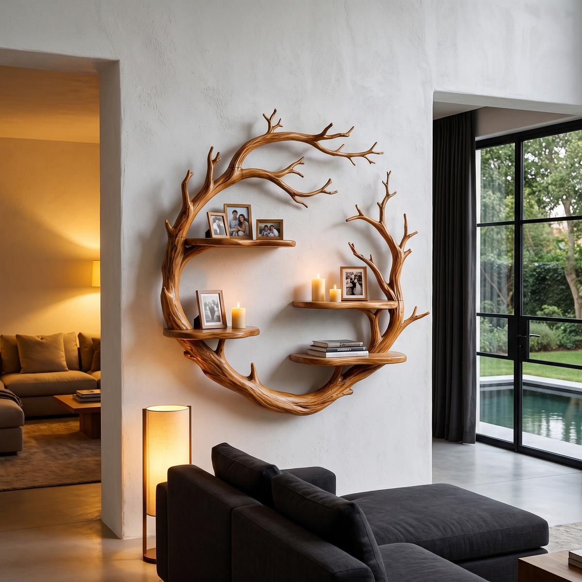 Contemporary Floating Shelf With Tree Branch Display Design For Living Room And Hallway