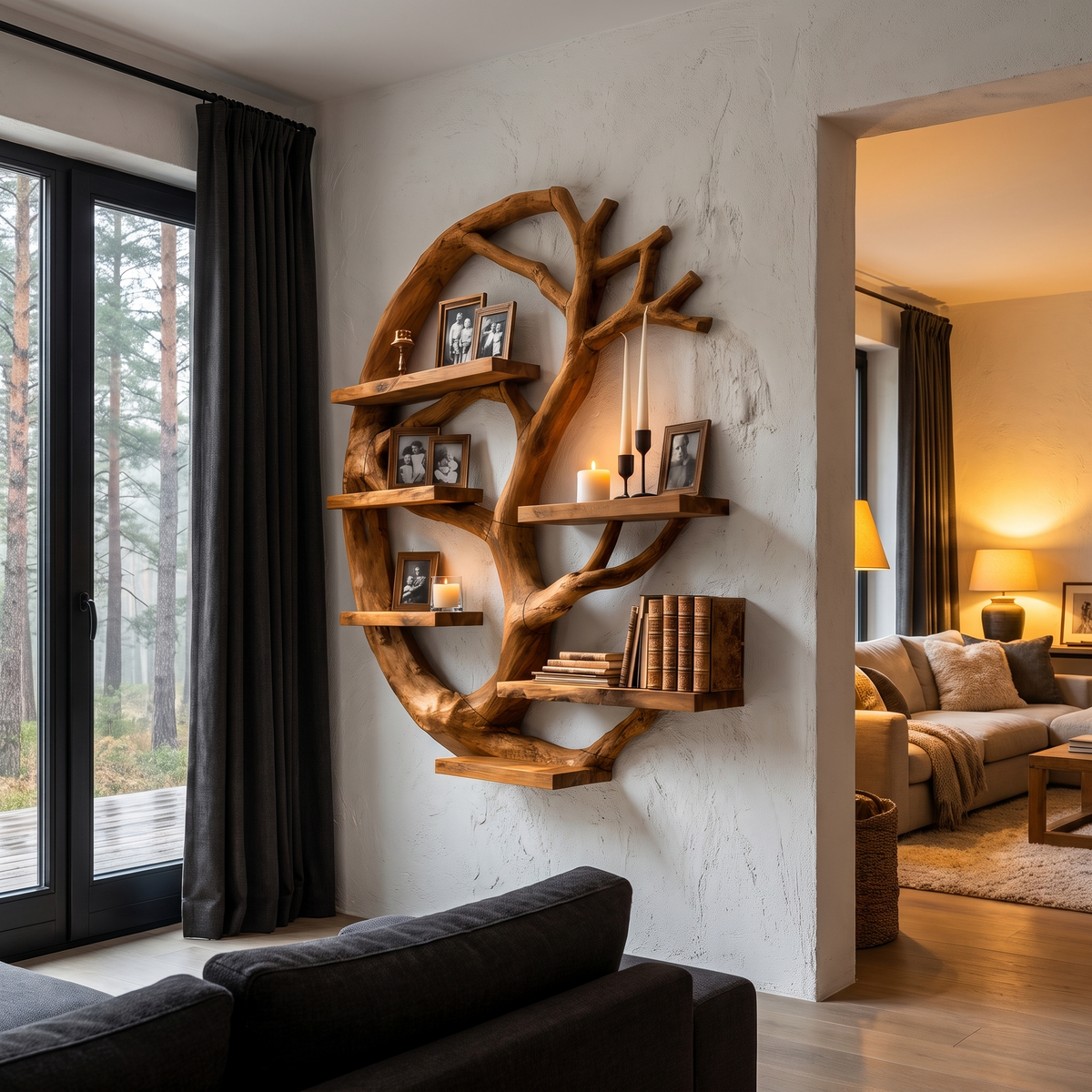 Modern Wall Mounted Shelf With Circular Tree Silhouette For Living Room And Bedroom