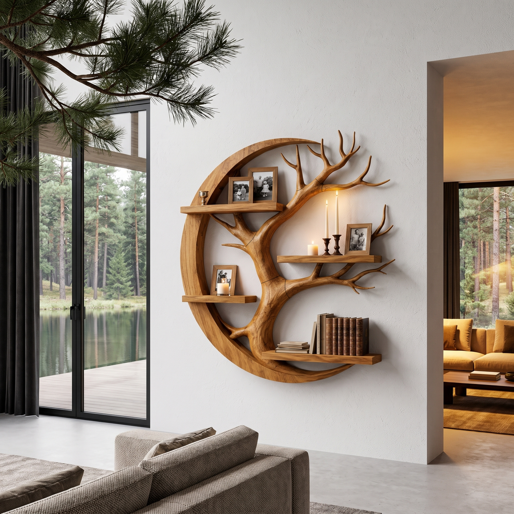 Rustic Floating Shelf With Tree Branch Wall Display For Living Room And Entryway