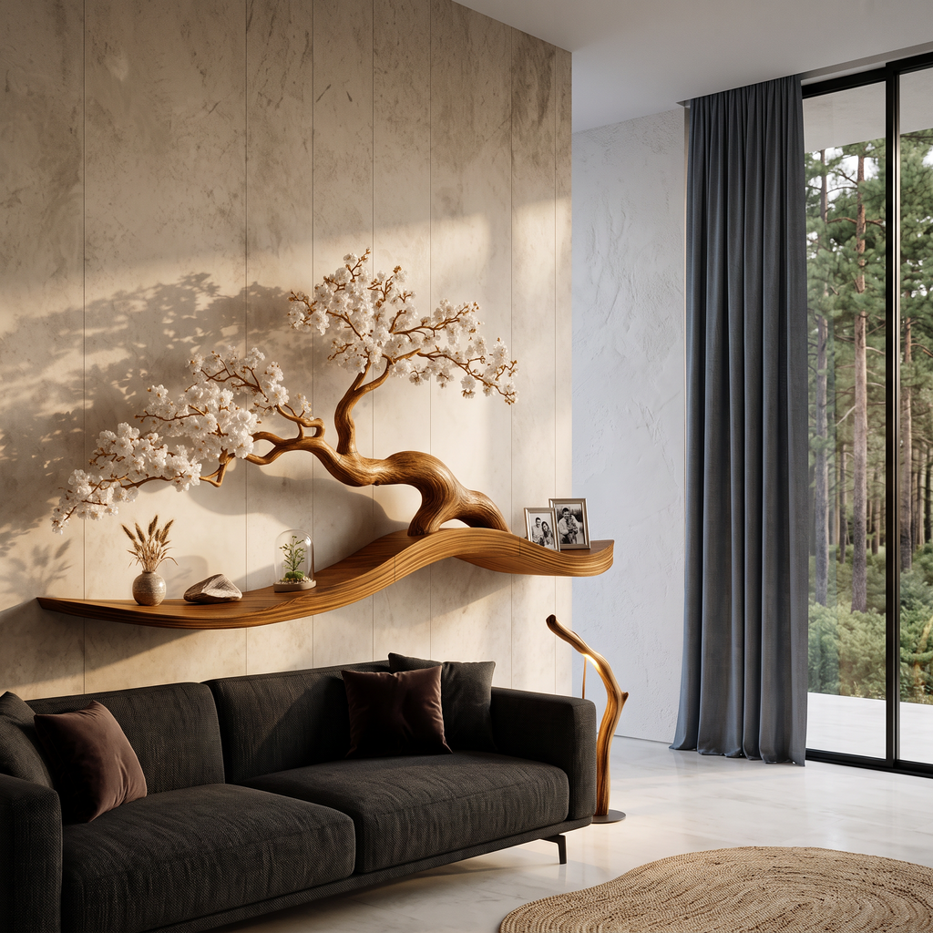 Organic Wall Mounted Shelf With Sculptural Tree Branch Design For Living Room And Bedroom