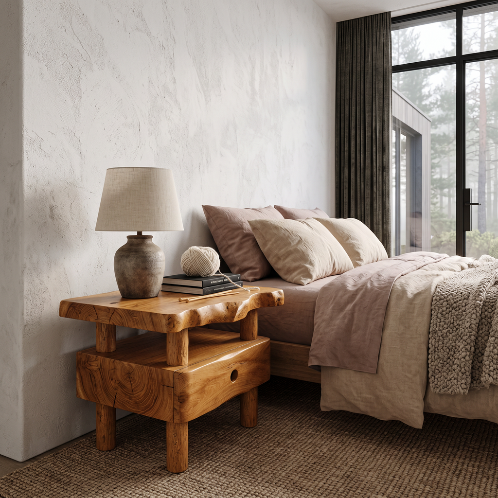 Organic Solid Wood Bedside Table With Open Shelf And Drawer