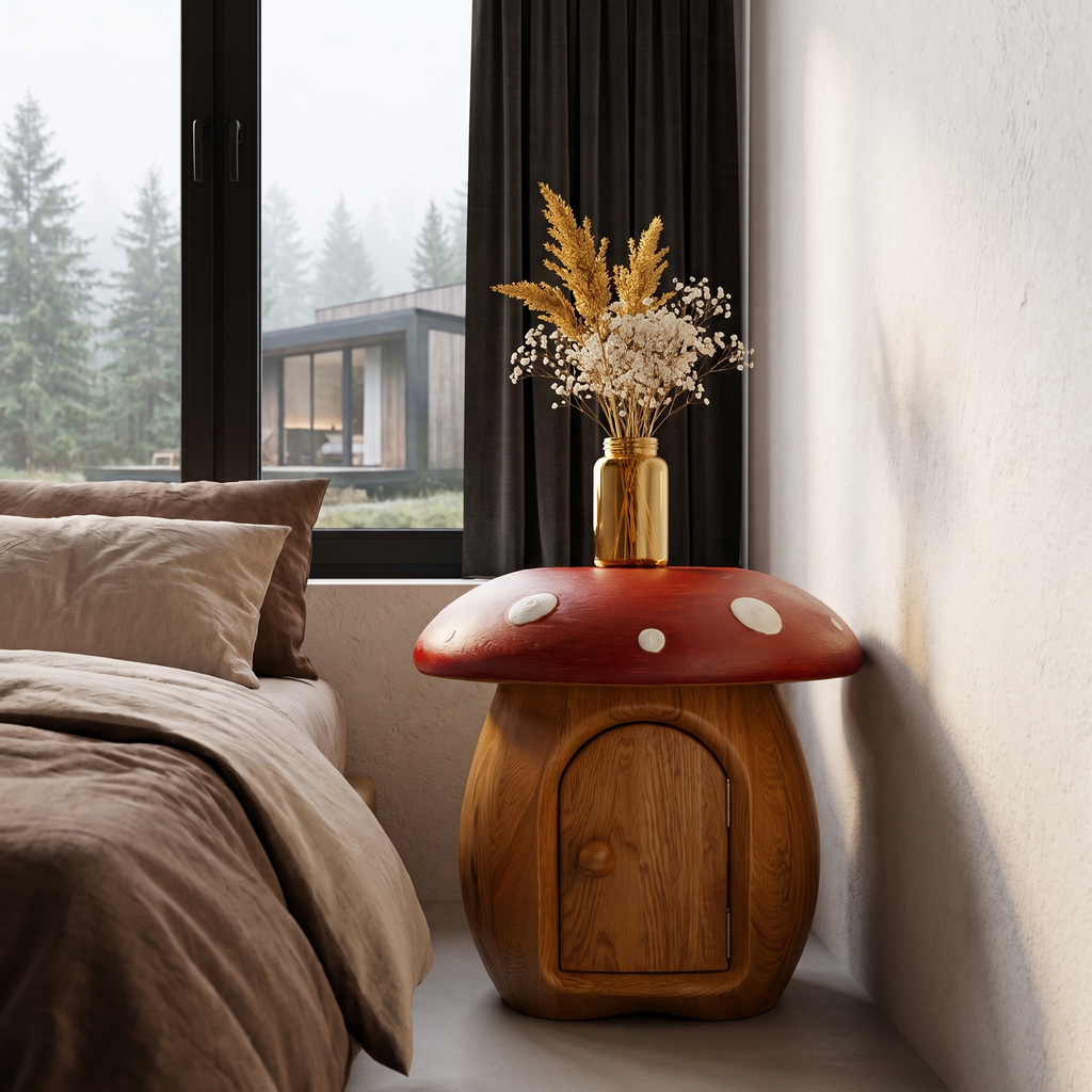 Whimsical Mushroom Bedside Table With Solid Wood Storage For Bedroom