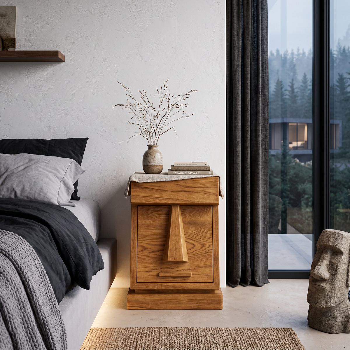 Rustic Solid Wood Bedside Table With Geometric Wooden Door