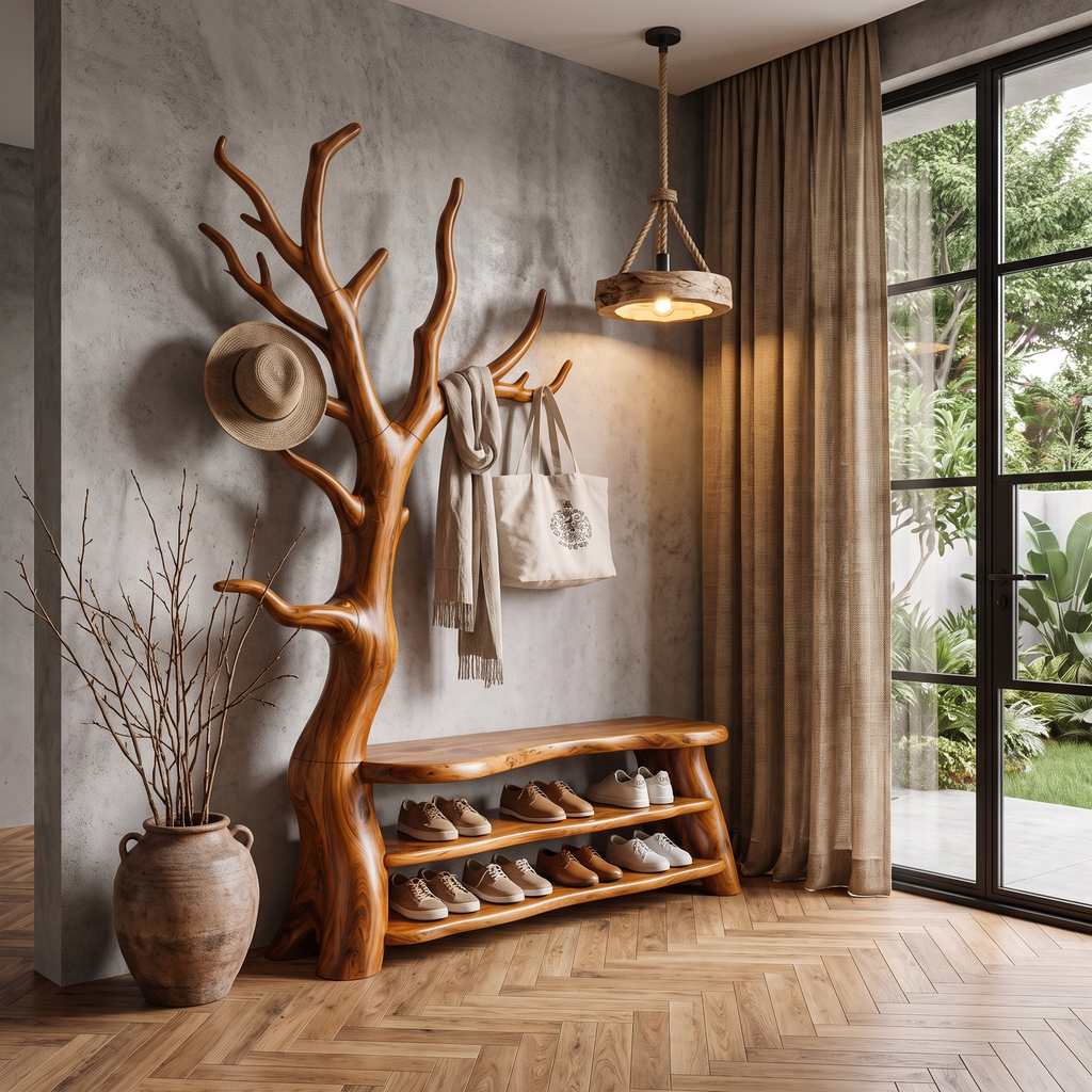 Sculptural Tree Shoe Bench Coat Rack Storage For Entryway Hallway