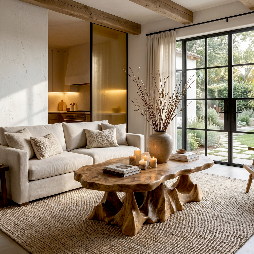 Rustic Coffee Table With Sculptural Wave Base For Living Room