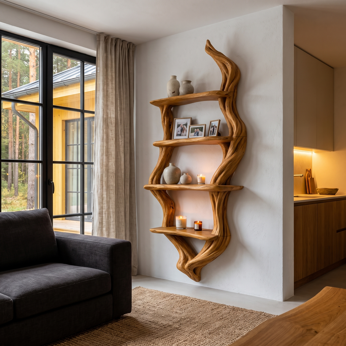 Rustic Wall Bookshelf Handcrafted Tree Branch Design For Living Room