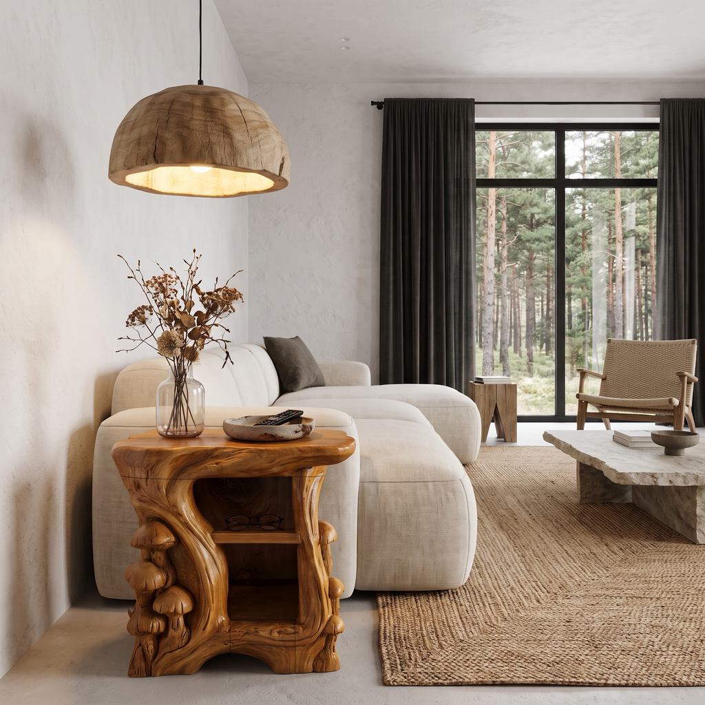 Organic Solid Wood Bedside Table With Sculptural Tree Branch Base