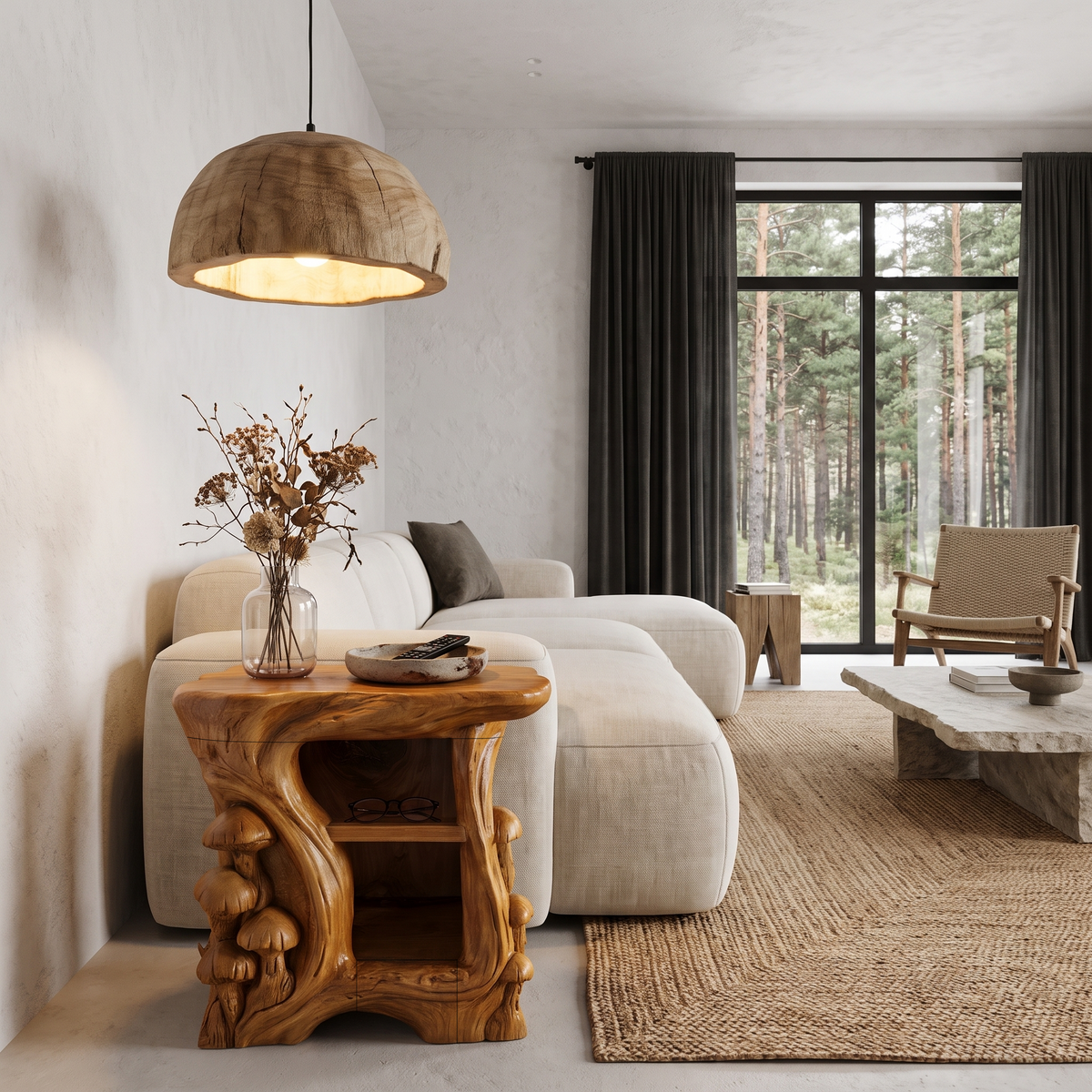 Organic Solid Wood Bedside Table With Sculptural Tree Branch Base