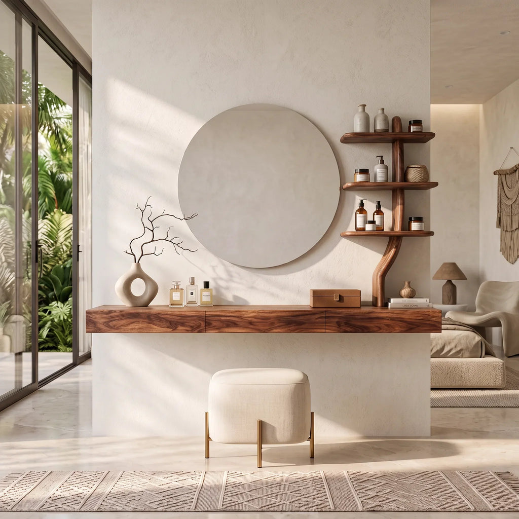 Wall Mounted Makeup Vanity With Tree Form Shelving For Bedroom