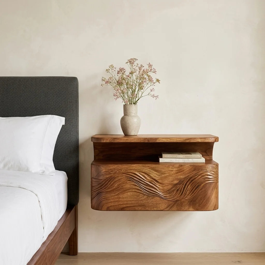 Organic Wave Carved Floating Nightstand For Bedroom