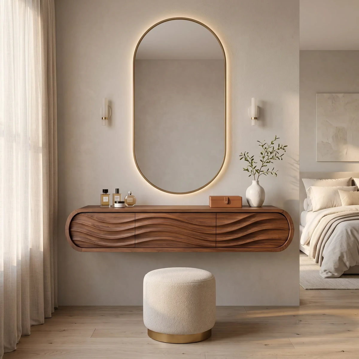 Organic Wall Mounted Makeup Vanity Carved Ribbed Drawers For Bedroom