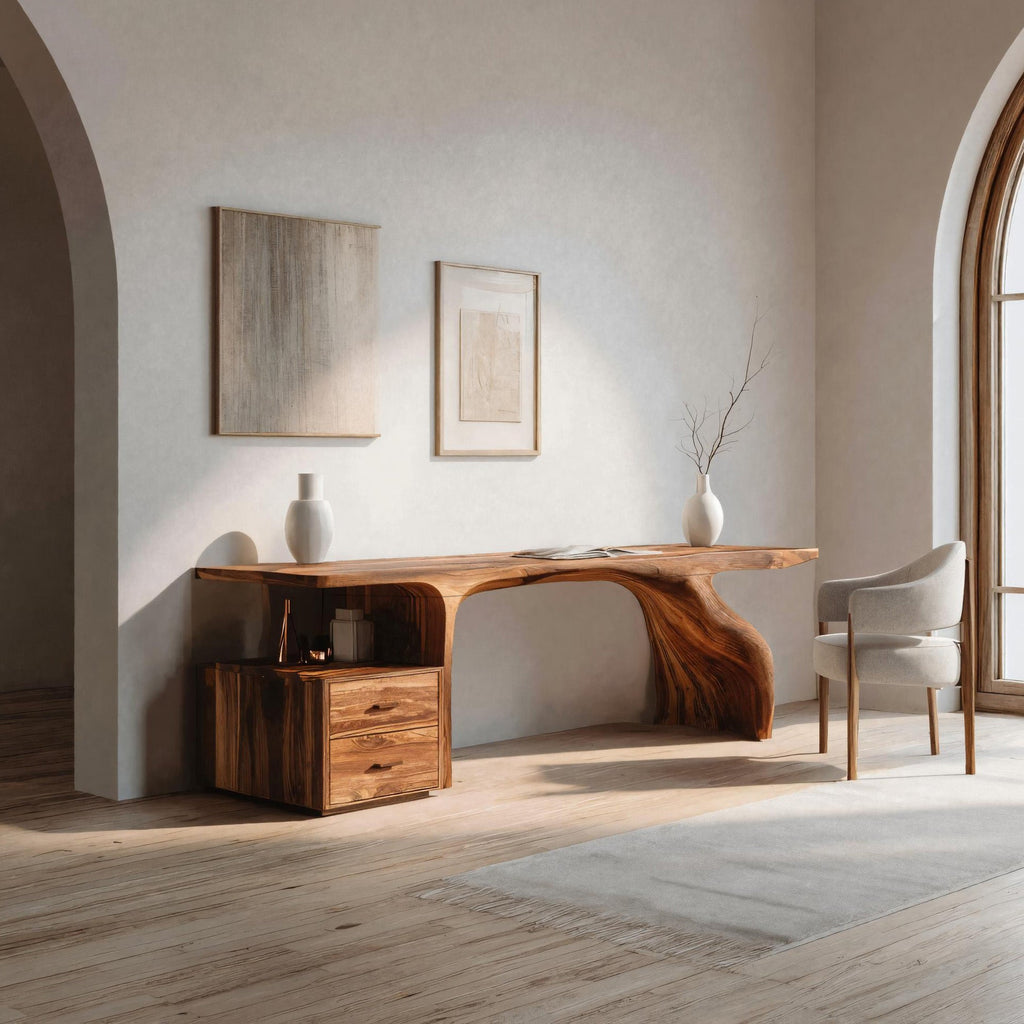 Organic Live Edge Wood Desk With Storage Drawers For Workspace