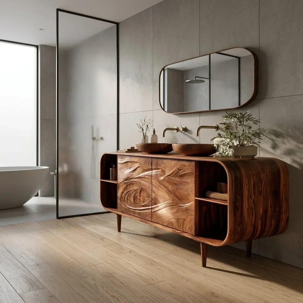 Mediterranean Sculptural Carved Bathroom Vanity For Master Bathroom