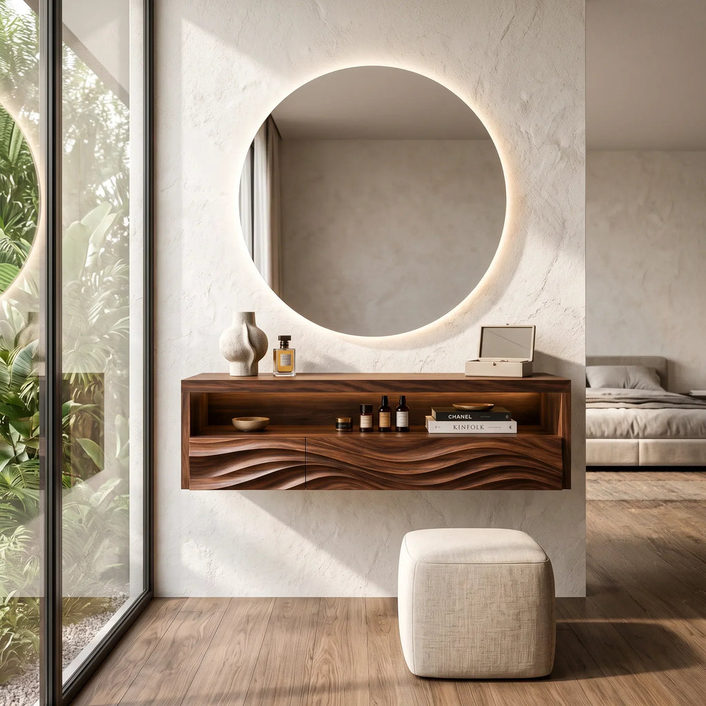Sculptural Wall Mounted Makeup Vanity Wave Carved Drawers For Bedroom