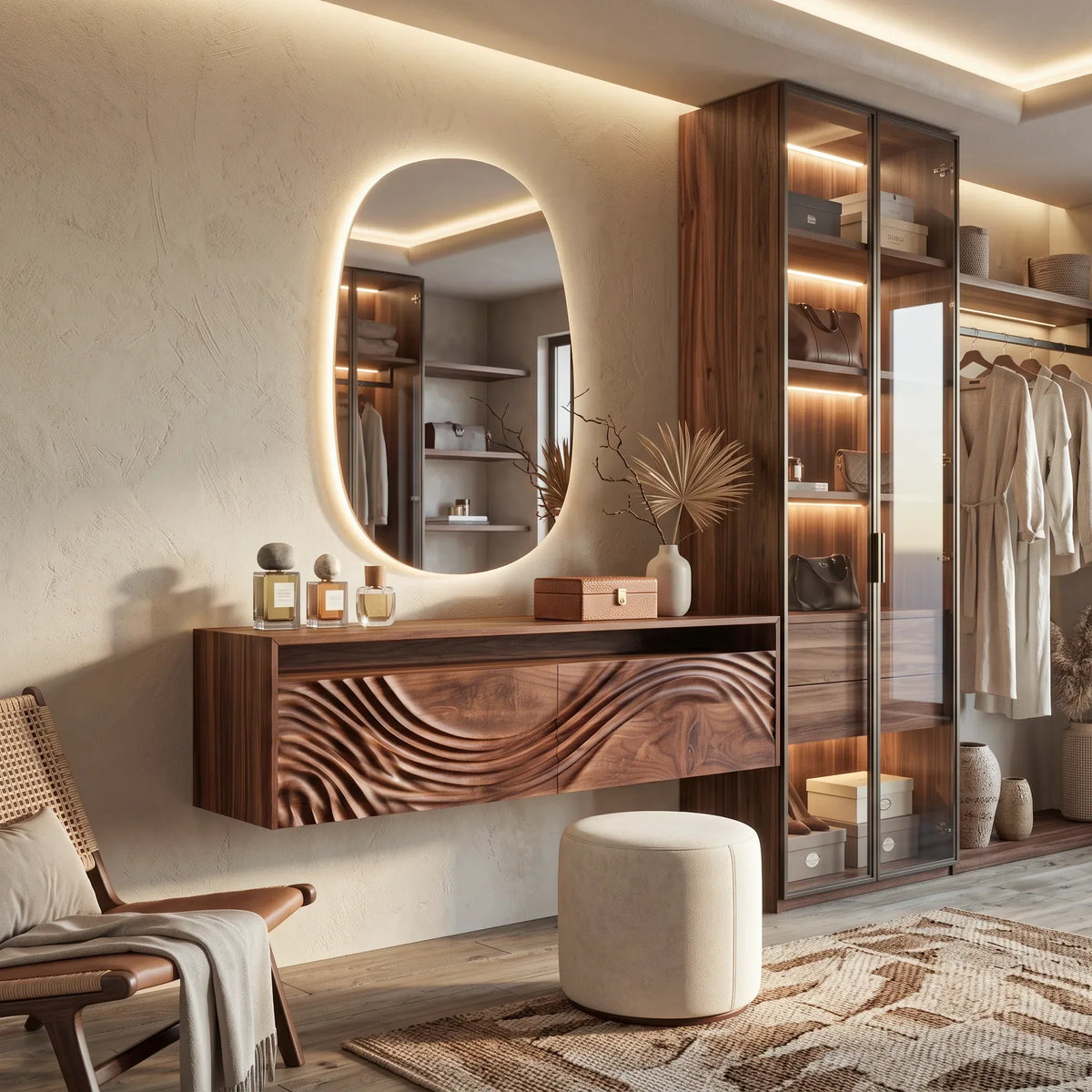 Contemporary Wall Mounted Makeup Vanity Relief Carved Drawers For Bedroom