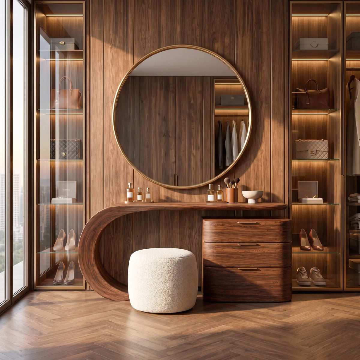 Modern Makeup Vanity Sculptural Curved Base For Luxury Bedroom