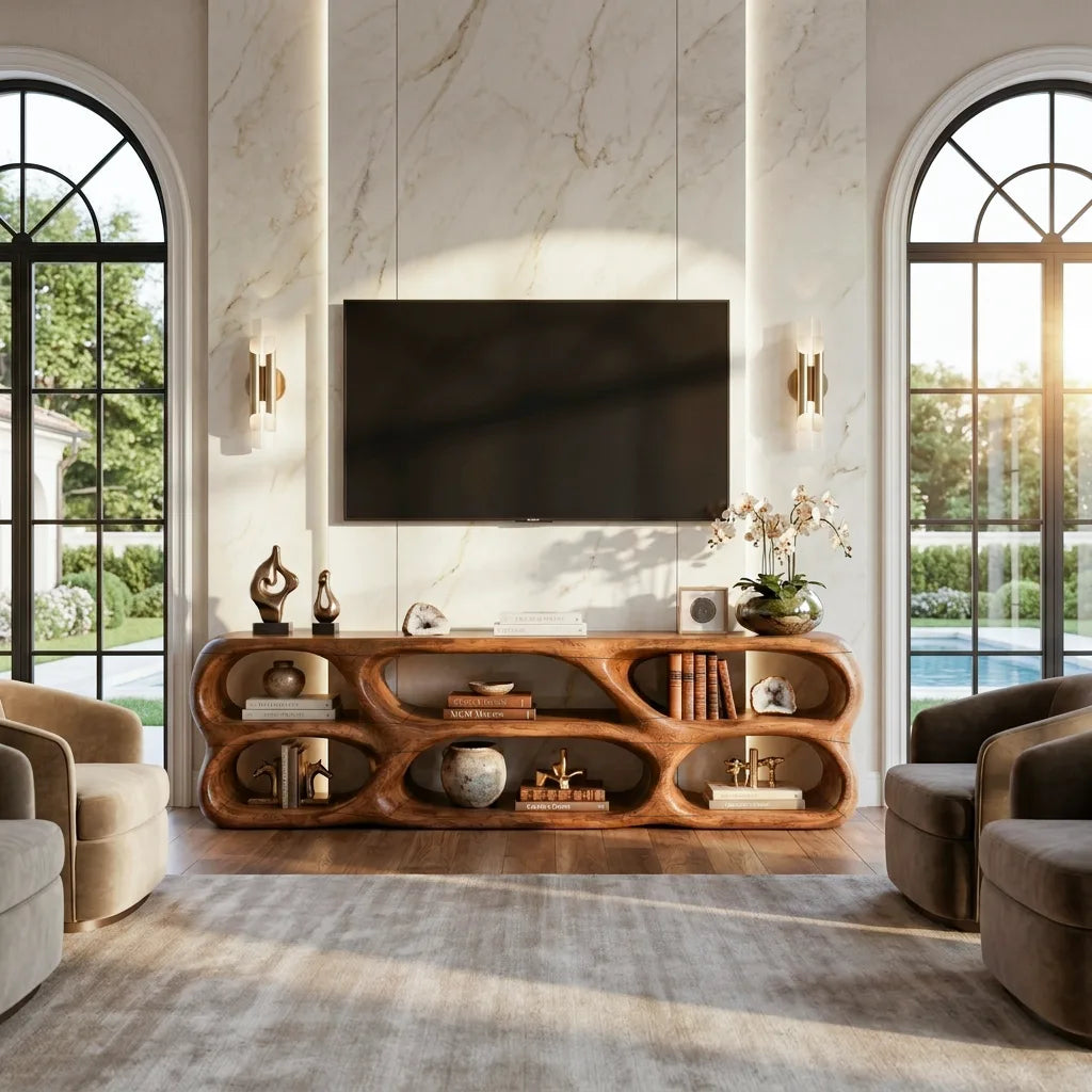 Sculptural TV Stand Rounded Open Shelves For Modern Living Room