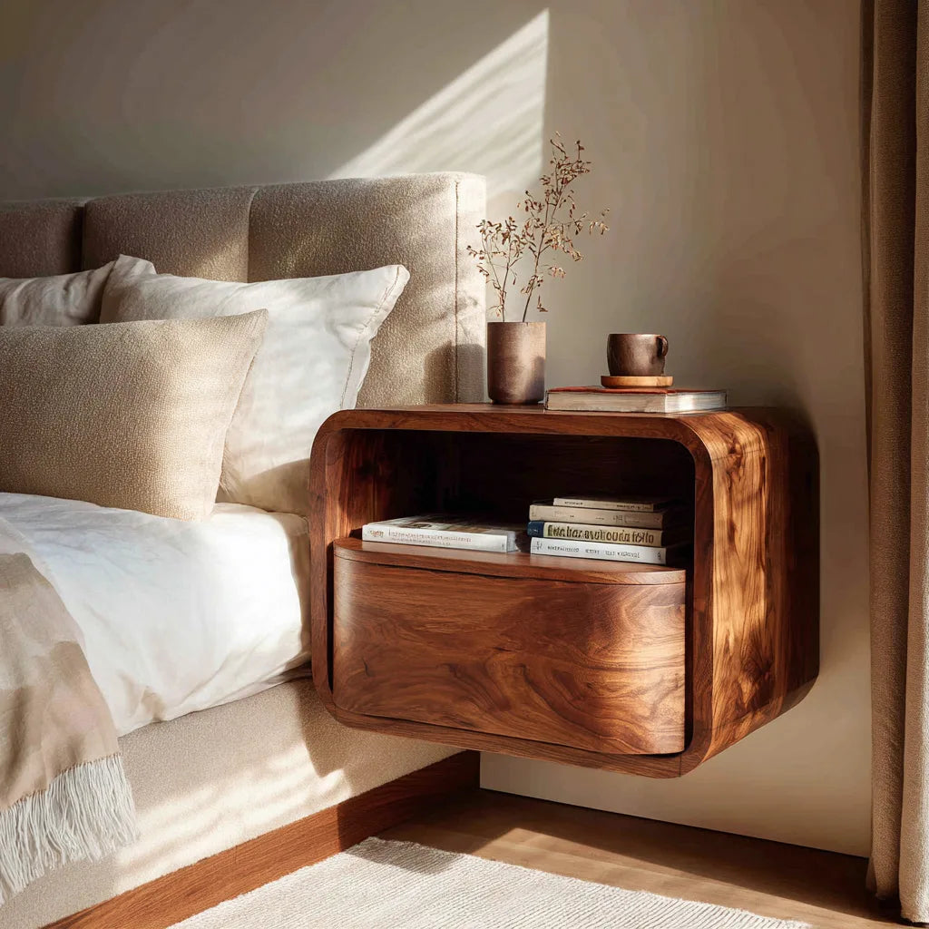 Modern Curved Open Shelf Floating Nightstand For Bedroom