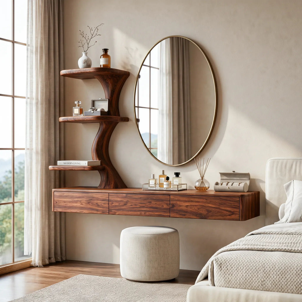 Sculptural Wall Mounted Dressing Table With Floating Drawer For Luxury Bedroom