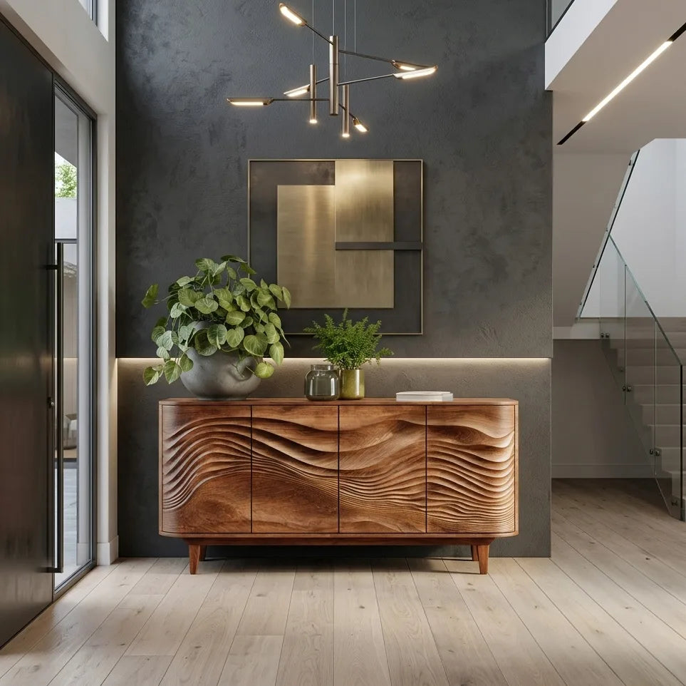 Modern Layered Wave Carved Sideboard For Living Room