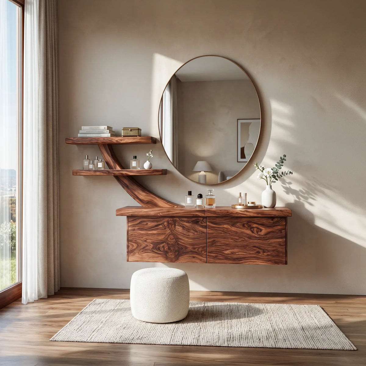 Contemporary Wall Mounted Dressing Table Sculptural Curved Shelving For Bedroom