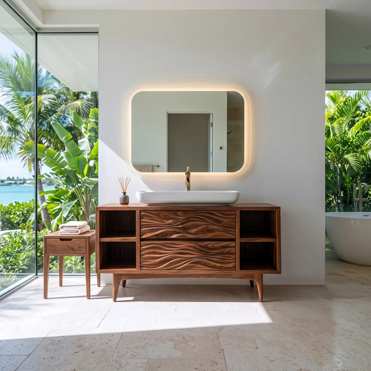 Modern Wave Carved Open Shelf Bathroom Vanity For Master Bathroom