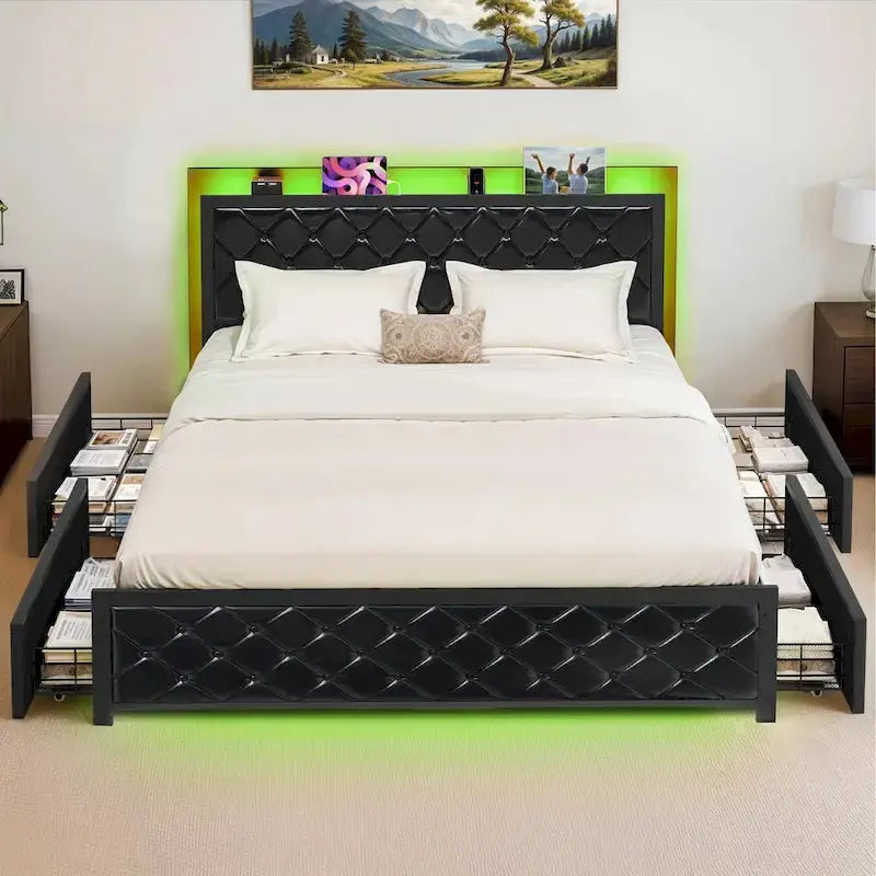 Moasis Queen Upholstered Faux Leather Platform Bed Frame With Headboard, 4 Storage Drawers, RGB LED Lights, USB-C Chargi