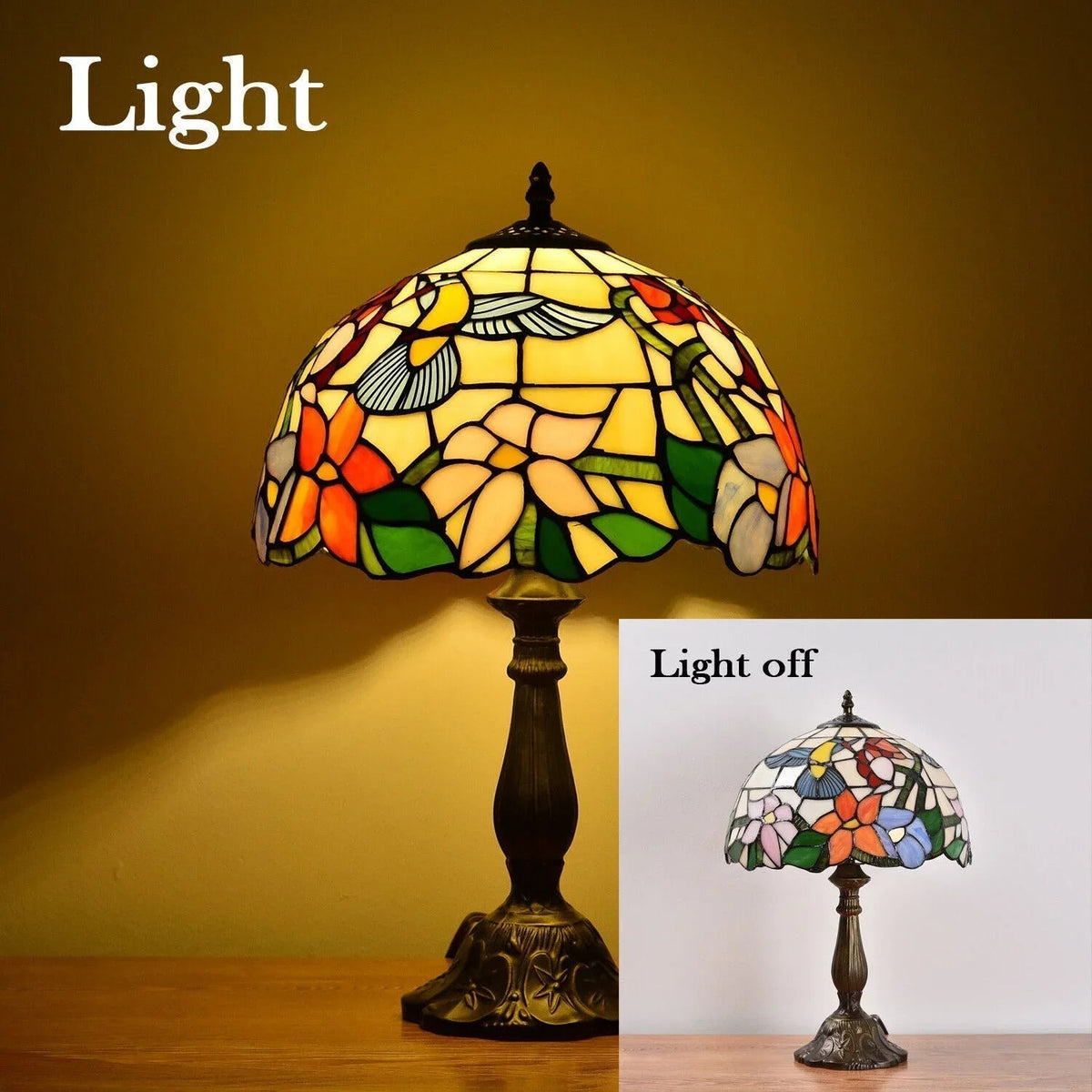 Tiffany Style Stained Glass Hummingbird Table Lamp 12in Shade, 18in Tall