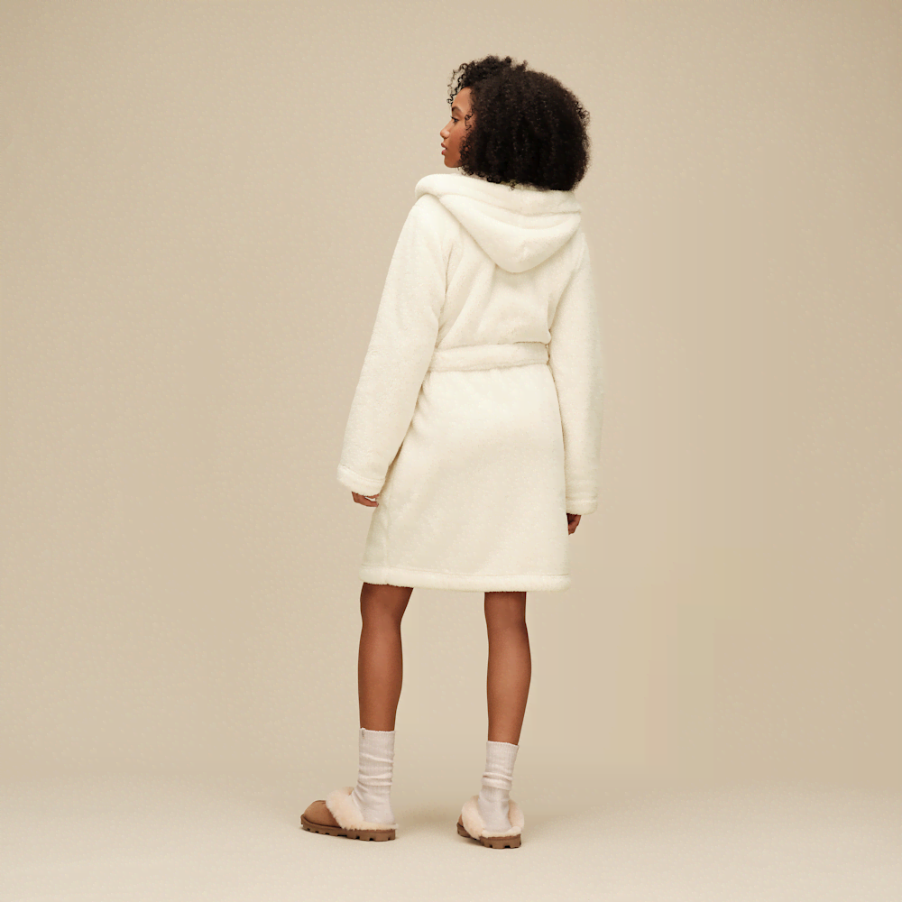 Women's Hooded Plush Fleece Robe - Cream