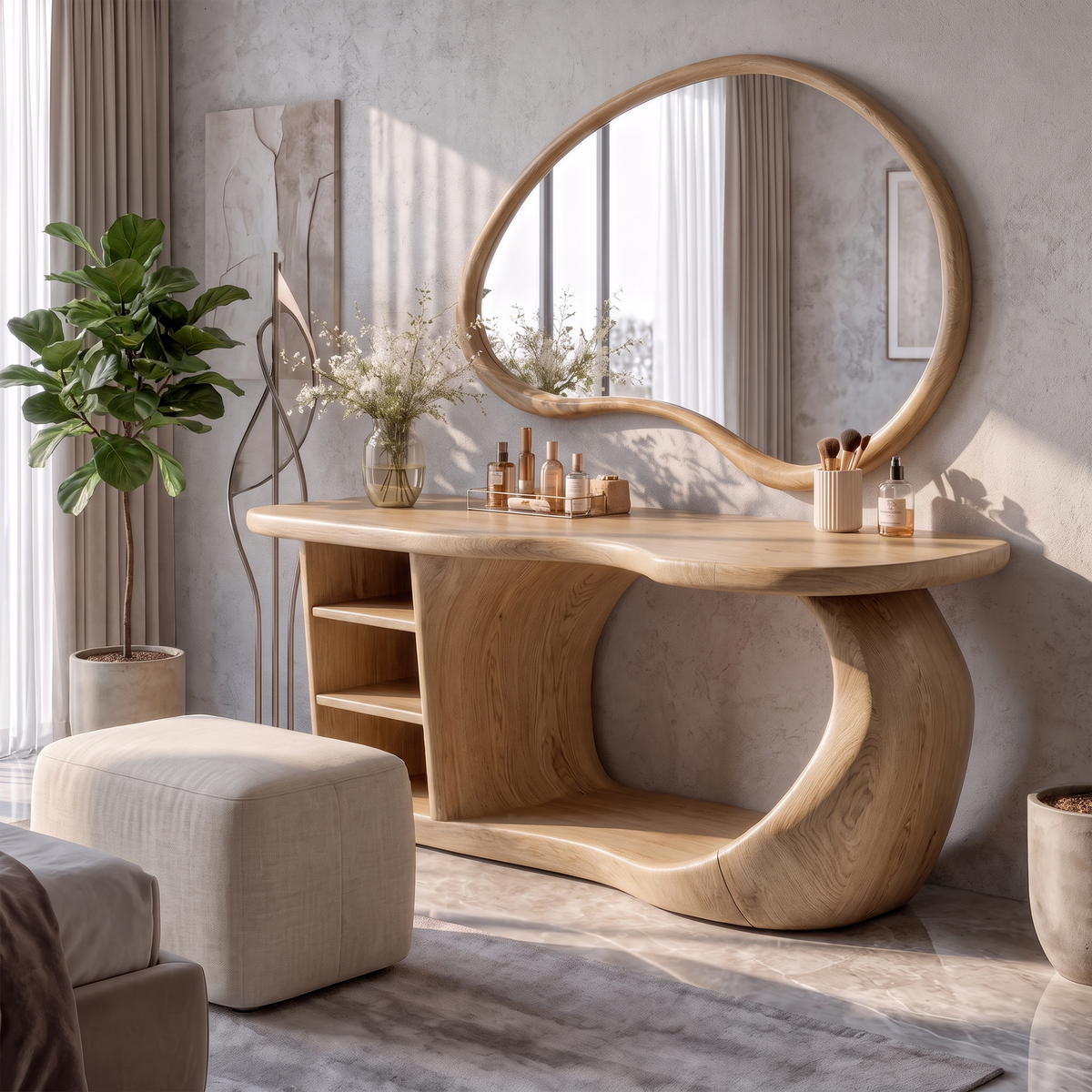 Natural Dressing Table With Sculptural Open Drawer Design For Bedroom And Dressing Room