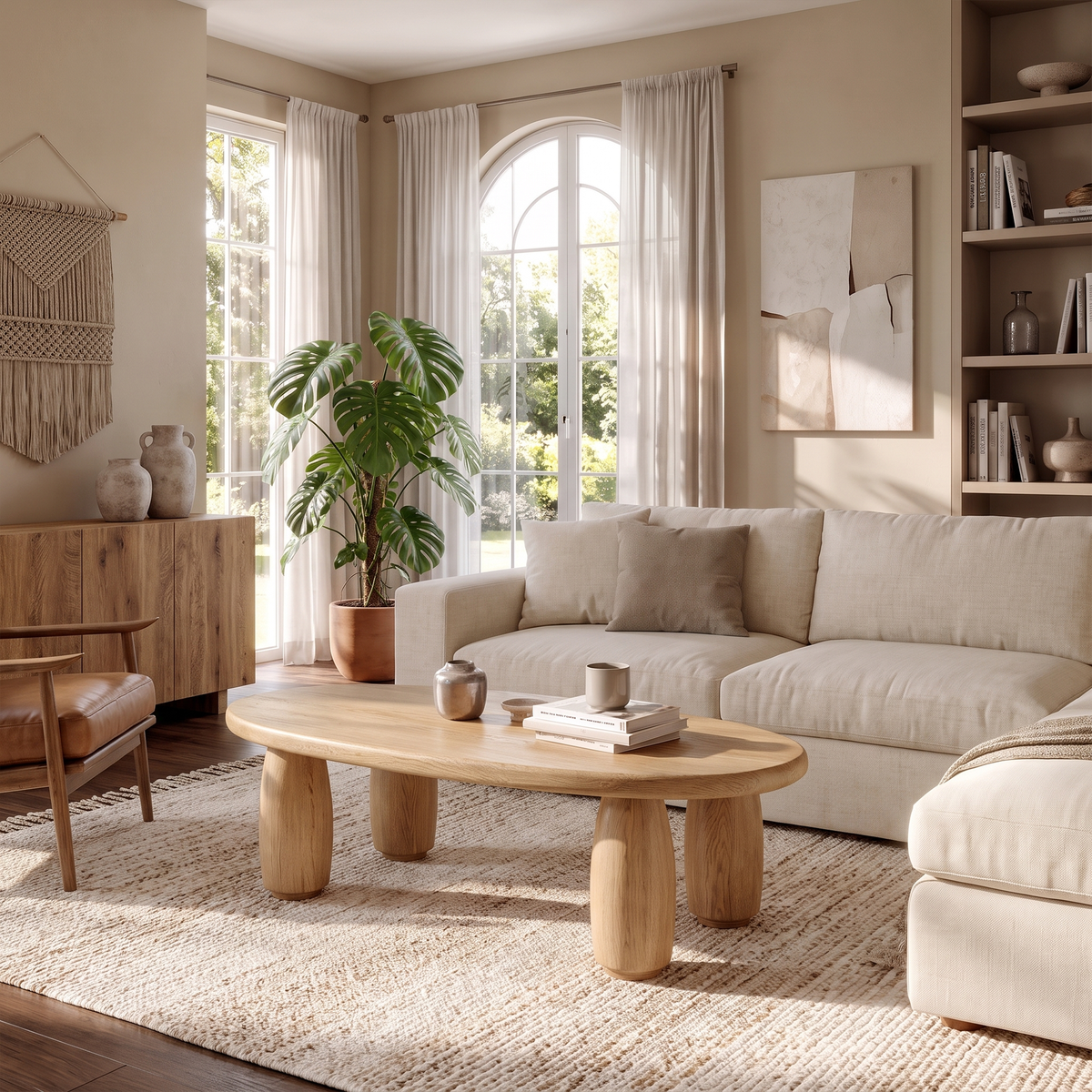 Natural Coffee Table With Organic Rounded Base For Living Room And Family Room