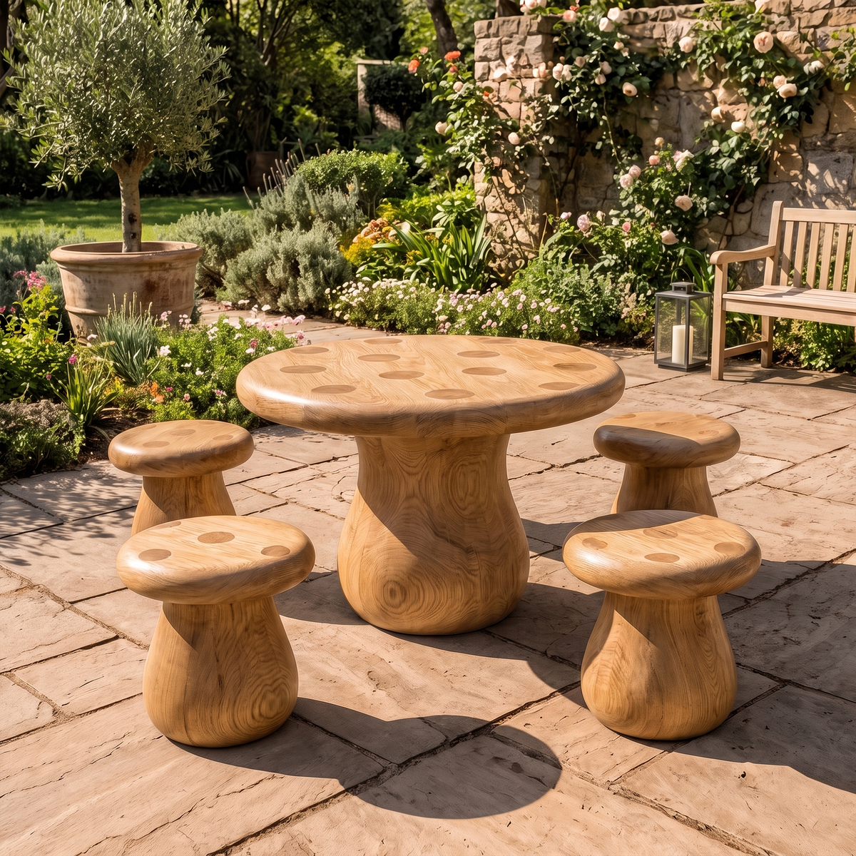 Rustic Round Dining Table With Tree Stump Design For Garden And Patio