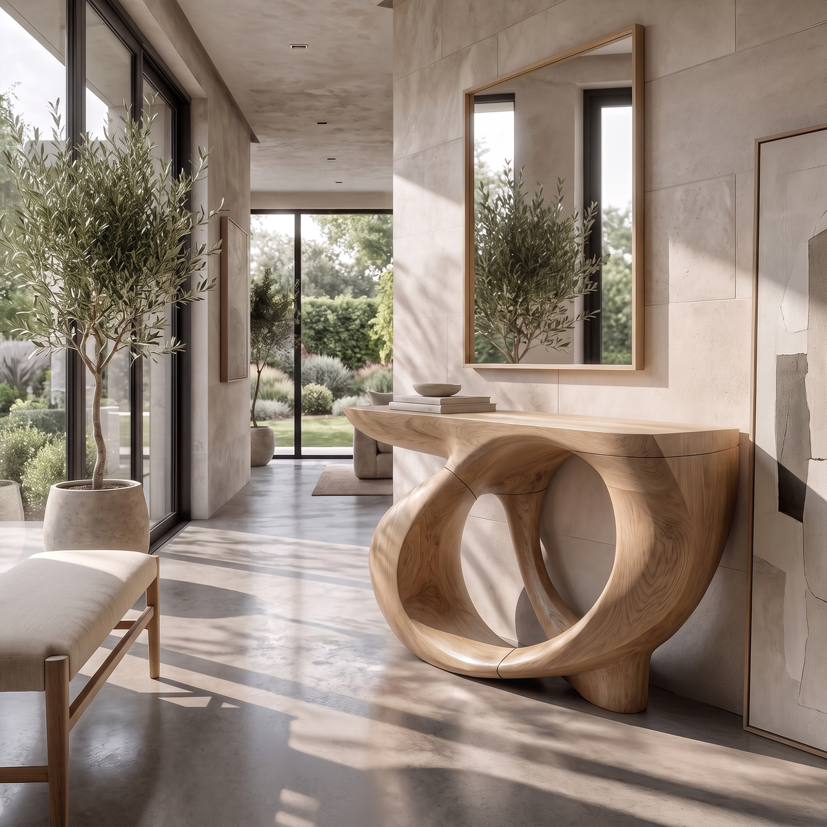 Modern Sculptural Console Table Circular Hollow Base Design For Entryway Foyer Hallway