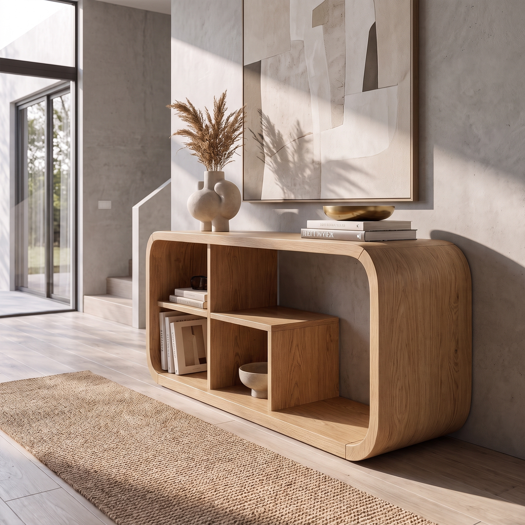 Modern Organic Console Table Sculptural Curved Design Open Storage For Entryway Living Room