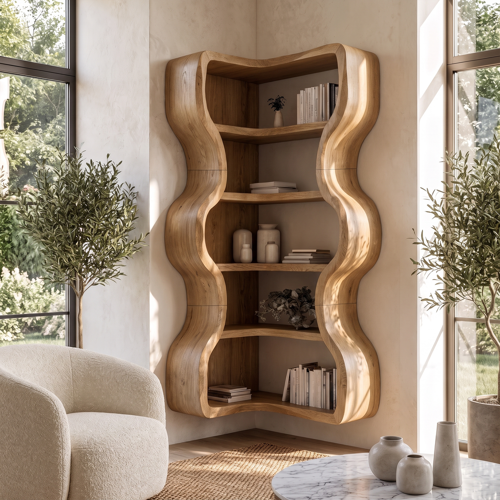 Statement Bookshelf Handcrafted Wavy Design For Living Room