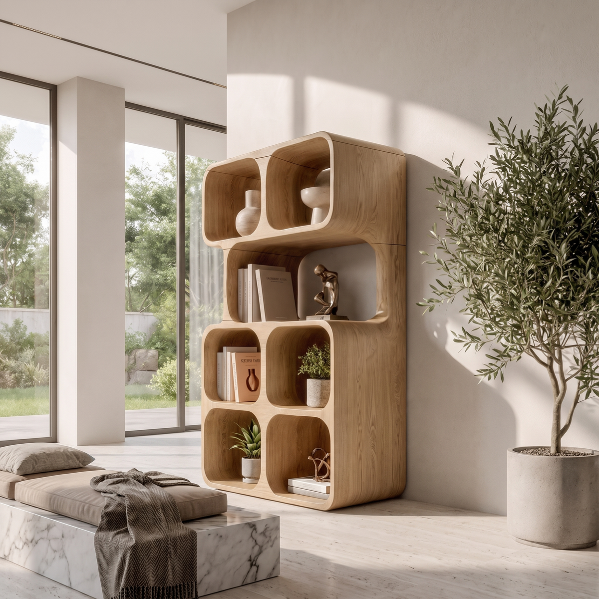 Statement Leaning Bookshelf Handcrafted Organic Wood Design For Modern Home