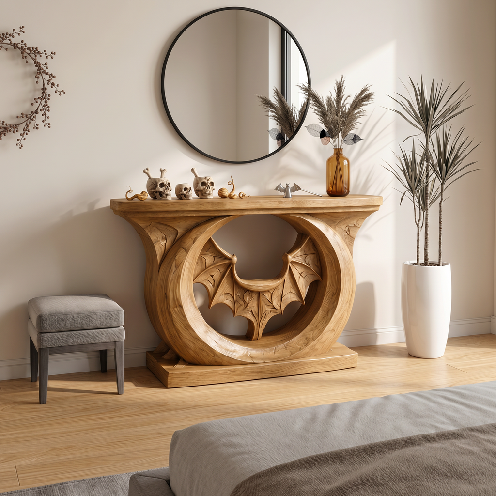Contemporary Halloween Console Table With Sculptural Bat Design For Entryway And Living Room