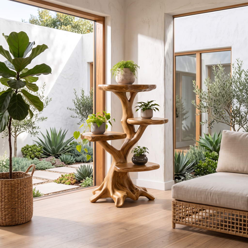 Organic Multi Tier Plant Stand With Sculptural Tree Design For Living Room And Sunroom