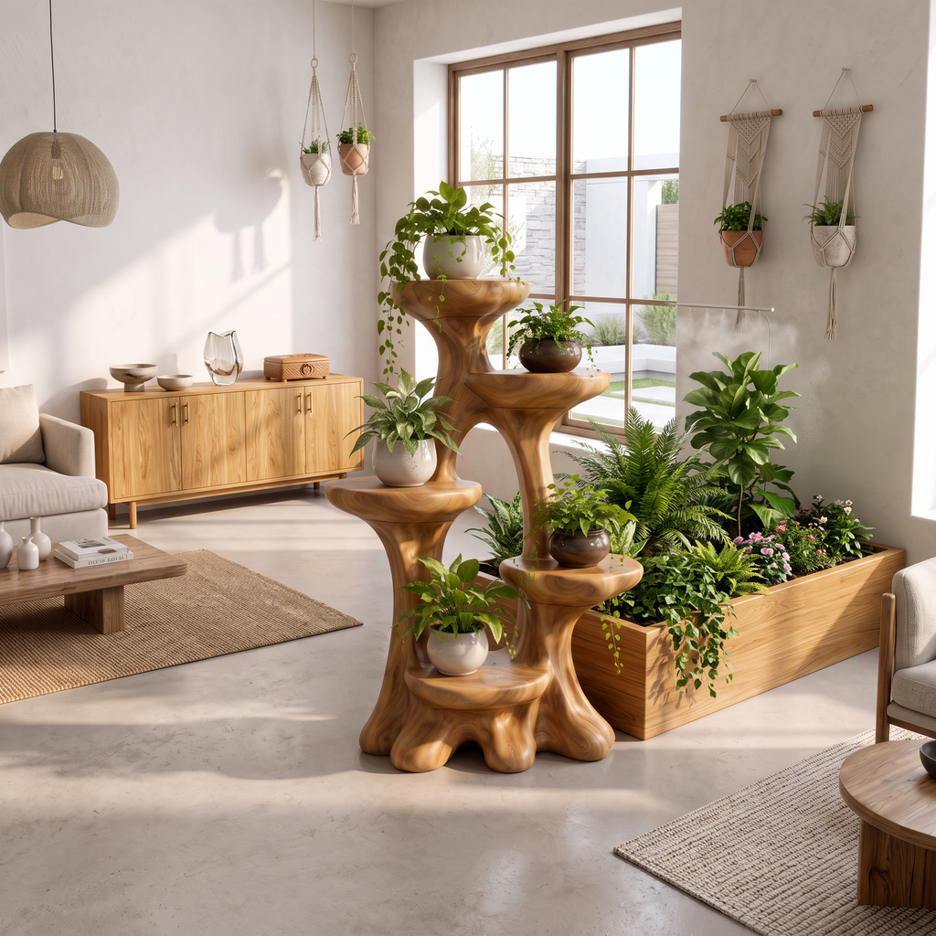 Organic Tree Plant Stand With Sculptural Tiered Design For Living Room And Sunroom