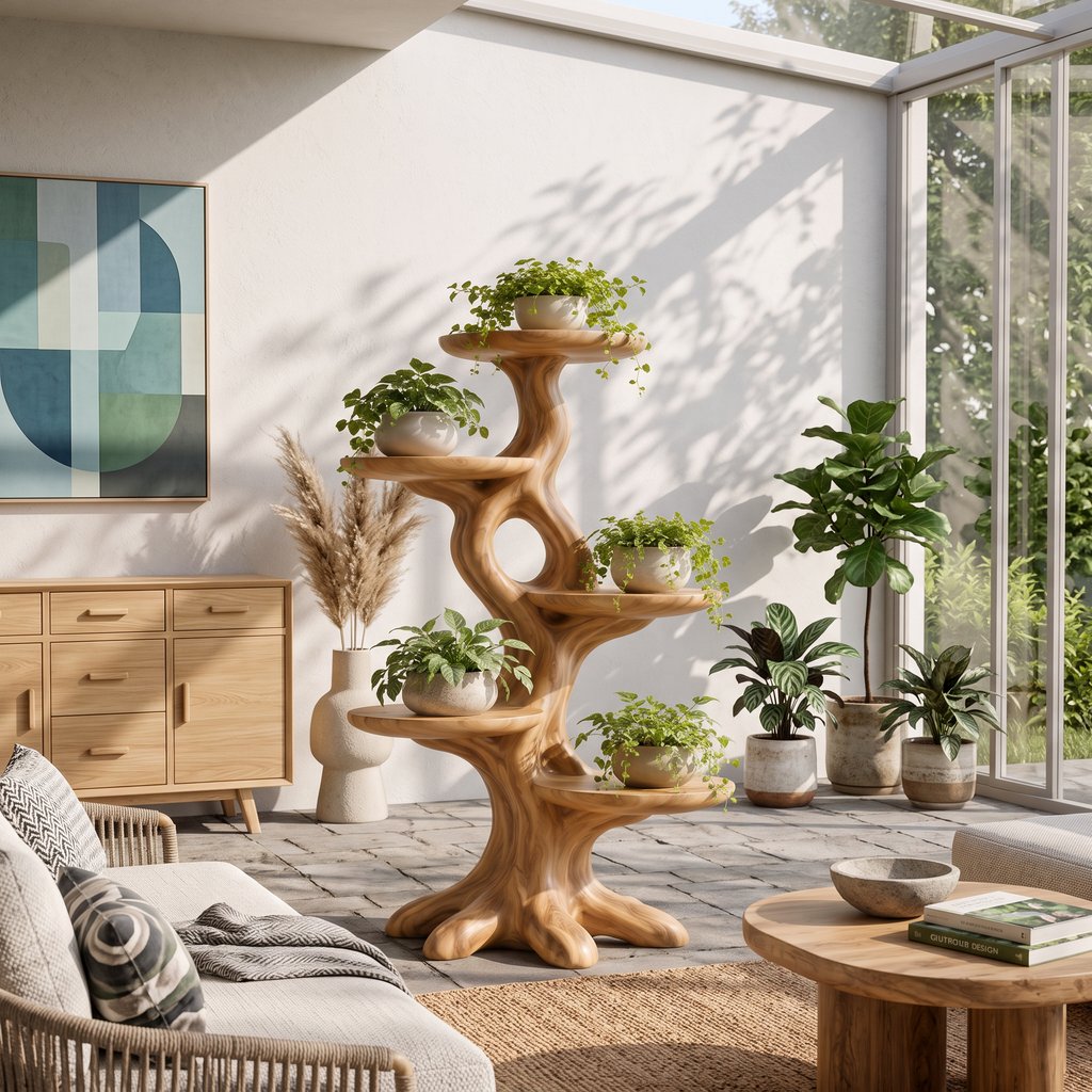 Natural Indoor Plant Stand With Flowing Tree Form For Living Room And Balcony