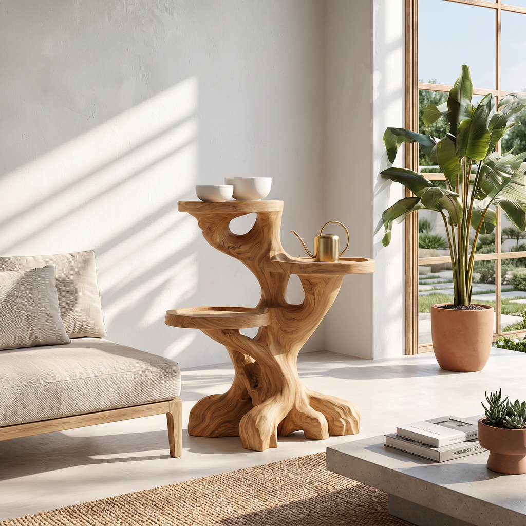 Rustic Indoor Plant Shelf With Tree Root Inspired Design For Living Room And Hallway
