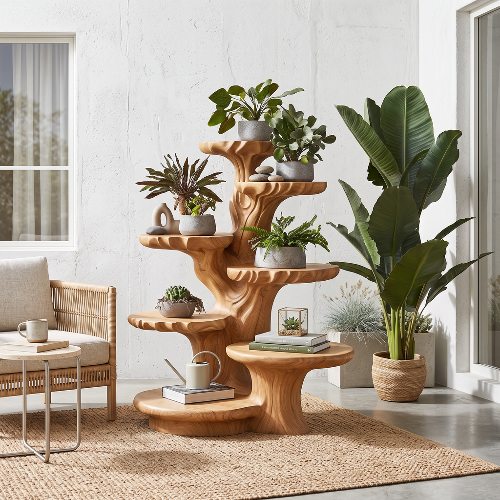 Organic Multi Tier Tree Plant Stand Solid Wood For Living Room