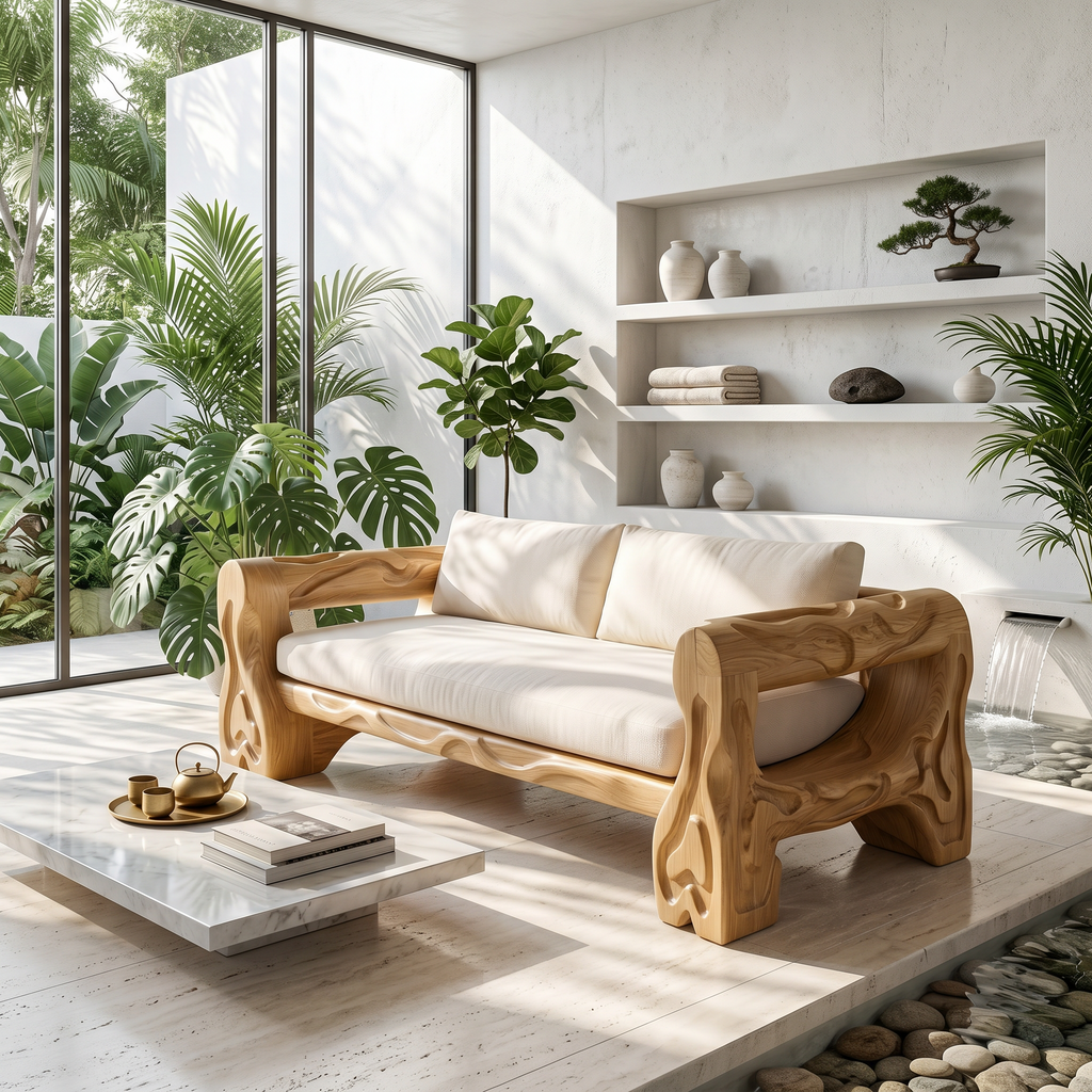 Organic Sofa Frame With Sculptural Open Loop Armrests For Living Room