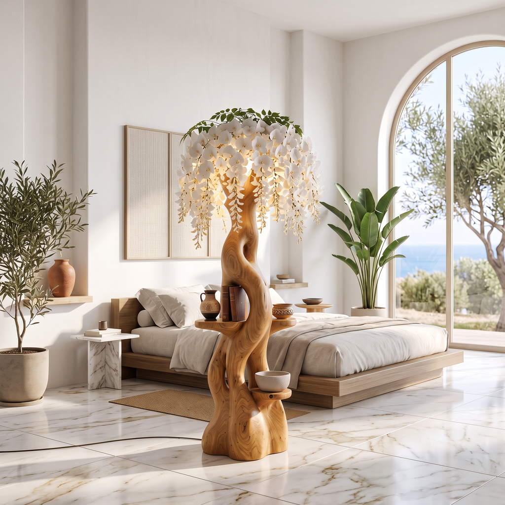 Rustic Wooden Floor Lamp With Sculptural Floral Canopy For Living Room