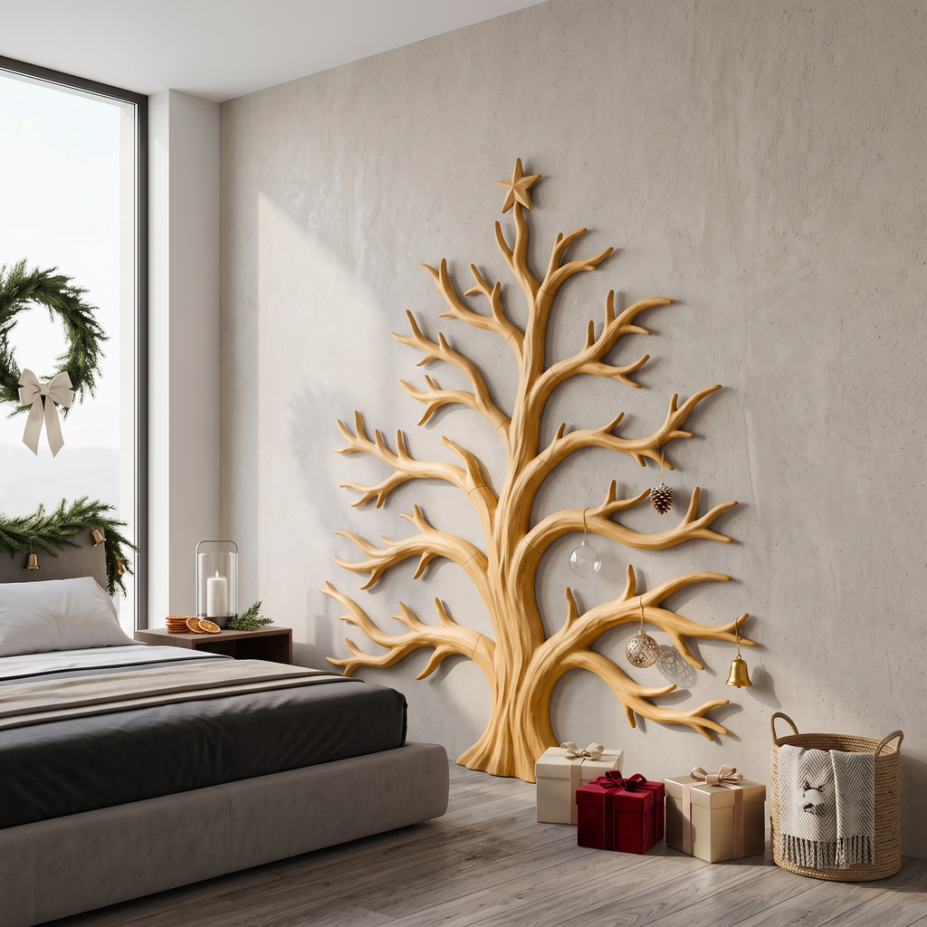 Rustic Christmas Wooden Wall Sculpture With Bare Branch Tree Design For Living Room