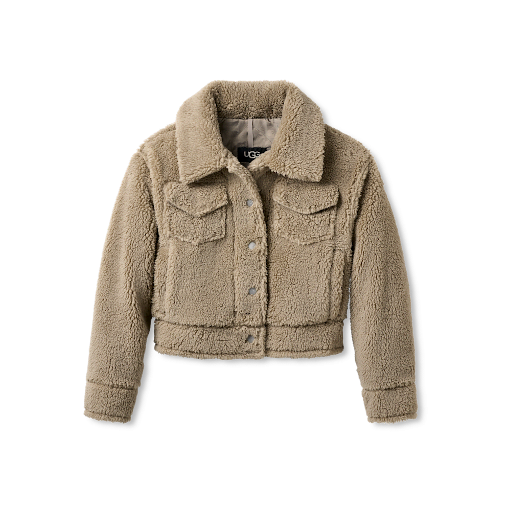 Women's Short Plush Fleece Trucker Jacket - Cobble Grey